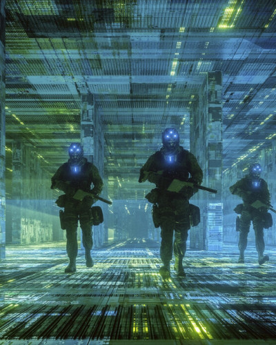 Tapet decorativ Cyborg Soldiers, cu trei soldati cyborg inarmati, intr-un coridor futuristic, decorativ.
