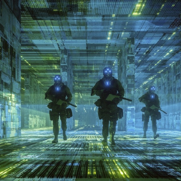 Tapet decorativ Cyborg Soldiers, cu trei soldati cyborg inarmati, intr-un coridor futuristic, decorativ.