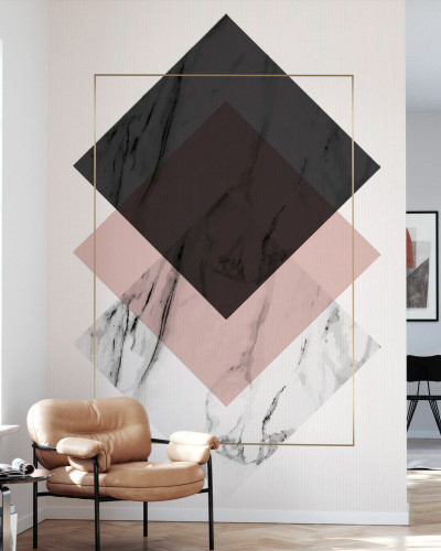 Tapet geometric cu model de marmură în tonuri de gri, negru și roz.