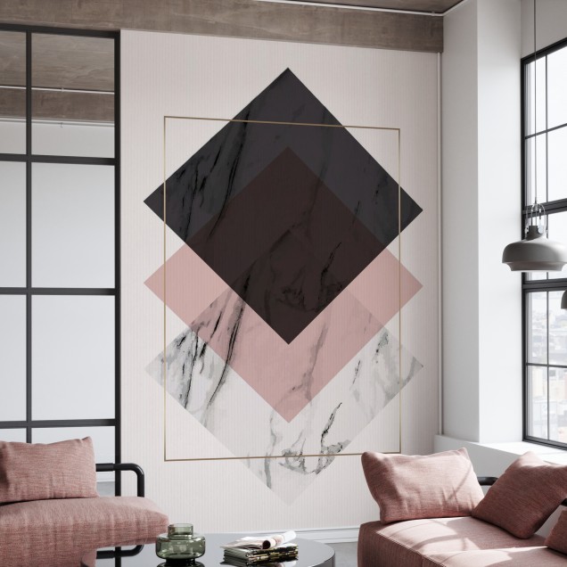 Tapet geometric cu model de marmură în tonuri de gri, negru și roz.