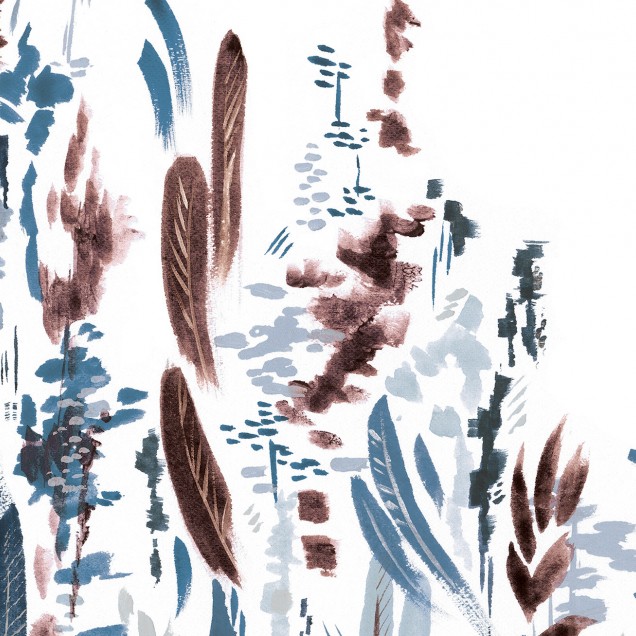 Wallpaper abstract cu frunze delicate și flori stilizate, în nuanțe de mentă, gri deschis și maro.