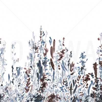 Wallpaper abstract cu frunze delicate și flori stilizate, în nuanțe de mentă, gri deschis și maro.