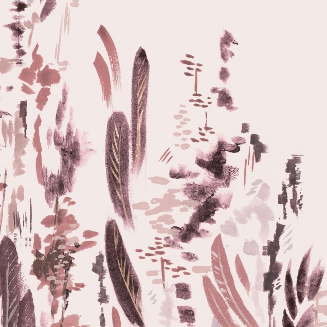 Tapet floral modern Painted Forest, Rose, cu flori delicate în nuanțe de roz, purpuriu și gri, pentru living, dormitor sau birou