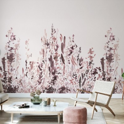 Tapet floral modern Painted Forest, Rose, cu flori delicate în nuanțe de roz, purpuriu și gri, pentru living, dormitor sau birou