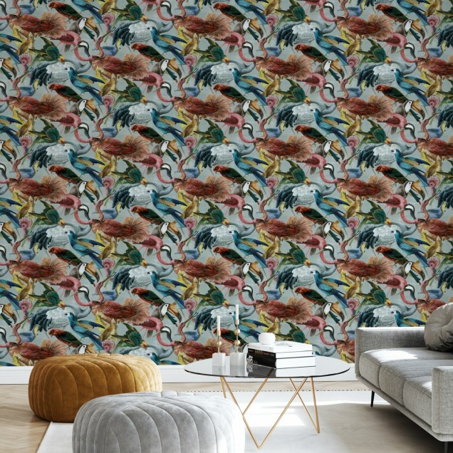 Tapet Bird Bonanza, cu un model de păsări colorate pe un fundal gri deschis.