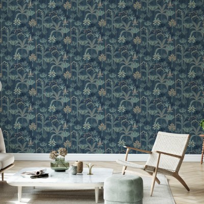 Tapet cu model floral exotic, Jungle Deco, cu frunze tropicale delicate și o paletă de culori vibrante