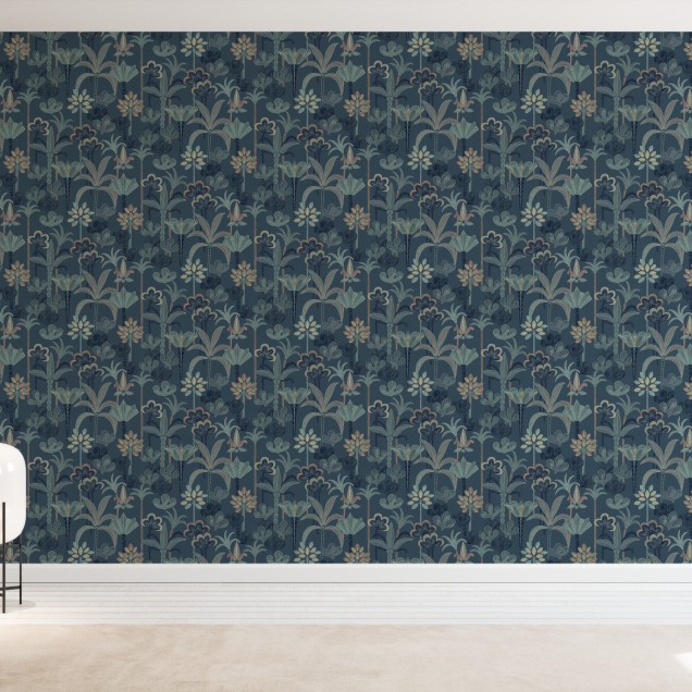 Tapet cu model floral exotic, Jungle Deco, cu frunze tropicale delicate și o paletă de culori vibrante