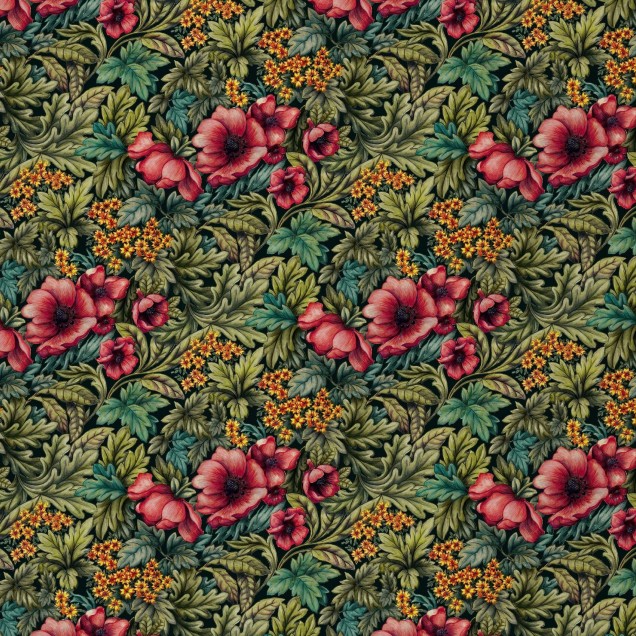 Tapet floral Queens Garden cu flori rosii si frunze verzi