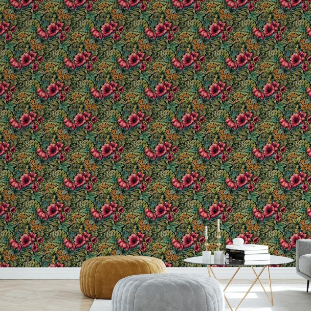 Tapet floral Queens Garden cu flori rosii si frunze verzi