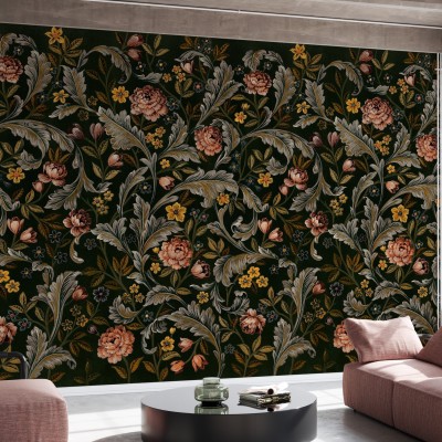 Tapet floral cu motive clasice, cu nuanțe de verde, galben și roz pe un fundal negru.