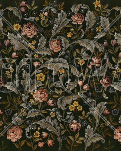 Tapet floral cu motive clasice, cu nuanțe de verde, galben și roz pe un fundal negru.