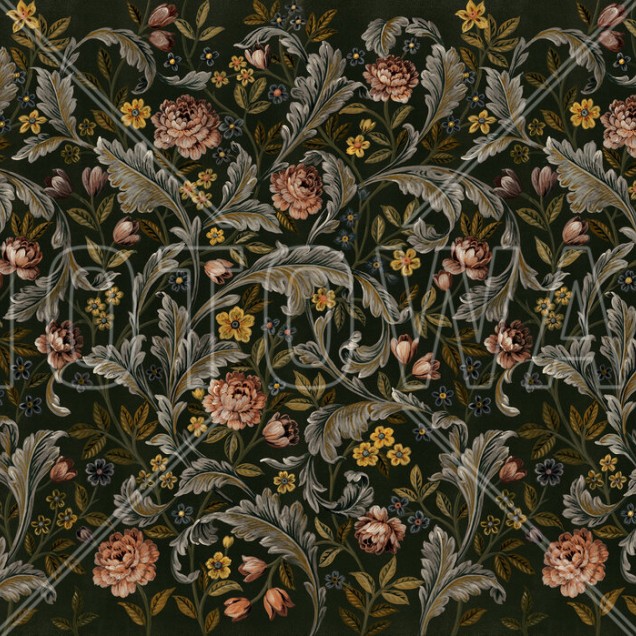 Tapet floral cu motive clasice, cu nuanțe de verde, galben și roz pe un fundal negru.