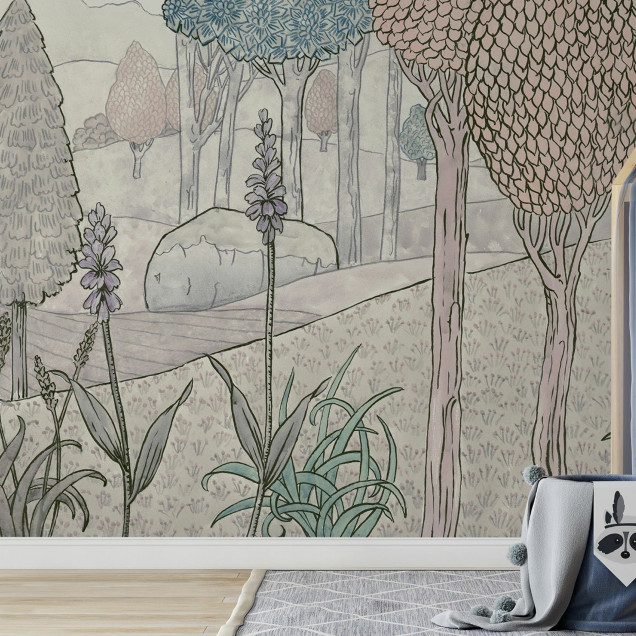 Tapet camera copil Bedtime Story, cu design magic, cu flori, copaci si pasari