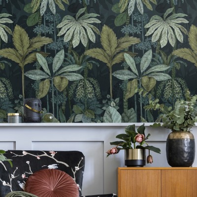 Tapet cu design tropical, frunze verzi, plante tropicale, design exotic, tapet pentru pereti, decoratiuni interioare