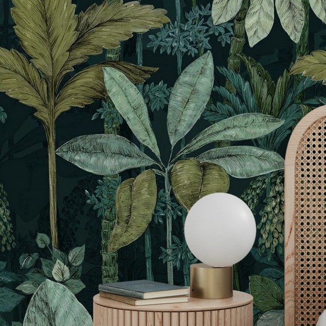 Tapet cu design tropical, frunze verzi, plante tropicale, design exotic, tapet pentru pereti, decoratiuni interioare