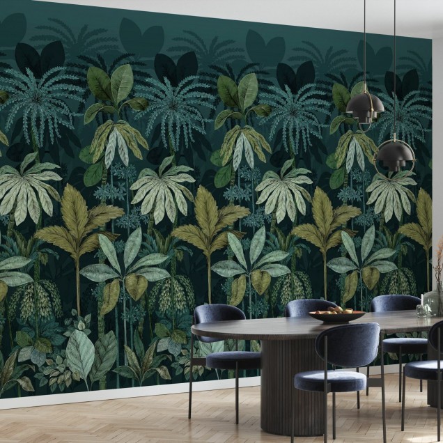 Tapet cu design tropical, frunze verzi, plante tropicale, design exotic, tapet pentru pereti, decoratiuni interioare