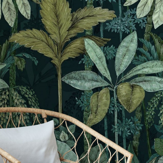 Tapet cu design tropical, frunze verzi, plante tropicale, design exotic, tapet pentru pereti, decoratiuni interioare
