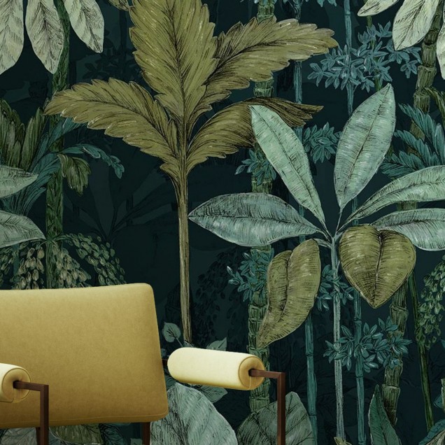 Tapet cu design tropical, frunze verzi, plante tropicale, design exotic, tapet pentru pereti, decoratiuni interioare