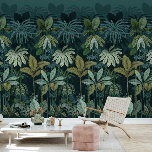 Tapet cu design tropical, frunze verzi, plante tropicale, design exotic, tapet pentru pereti, decoratiuni interioare