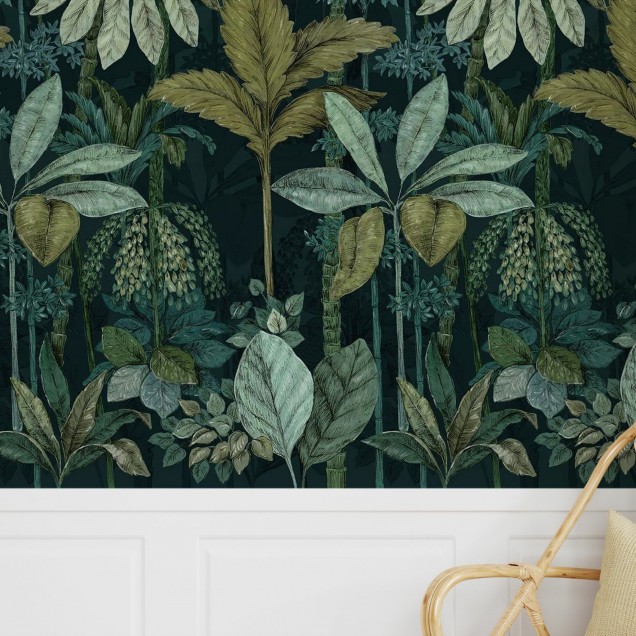 Tapet cu design tropical, frunze verzi, plante tropicale, design exotic, tapet pentru pereti, decoratiuni interioare
