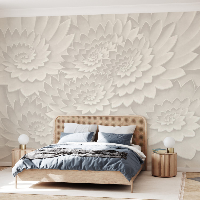 Tapet Flower on Canvas, Grey, cu flori albe pe fond gri