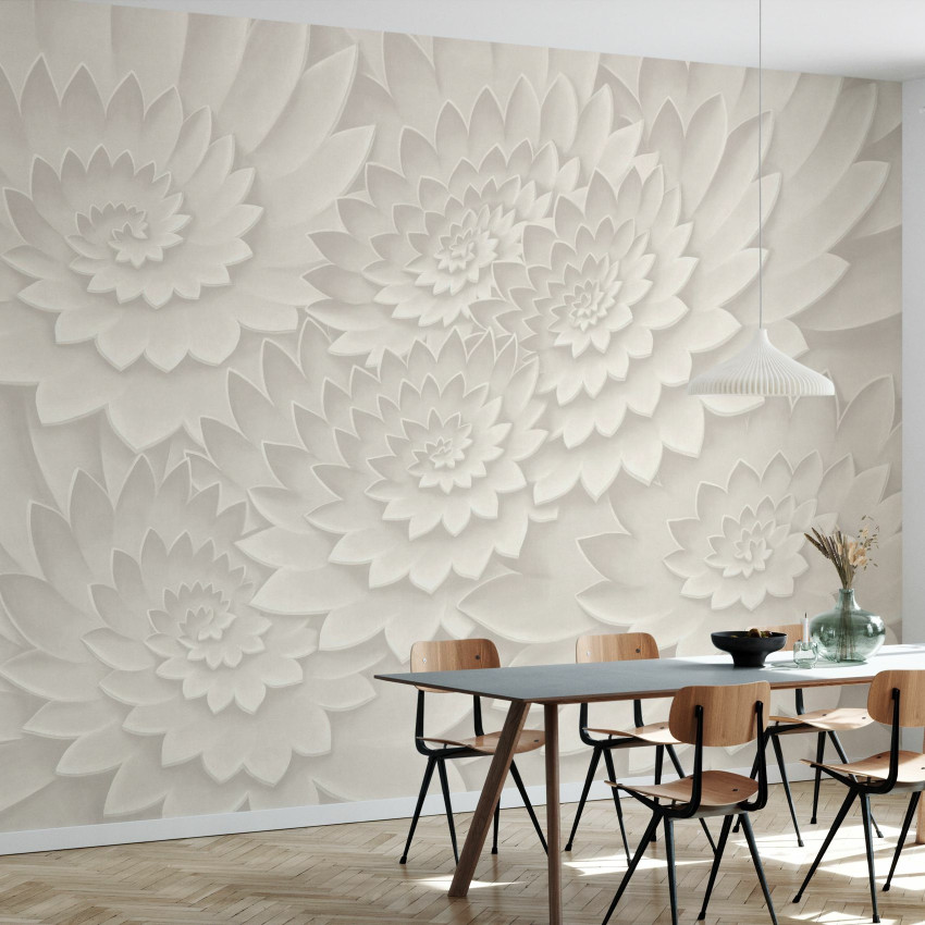 Tapet Flower on Canvas, Grey, cu flori albe pe fond gri
