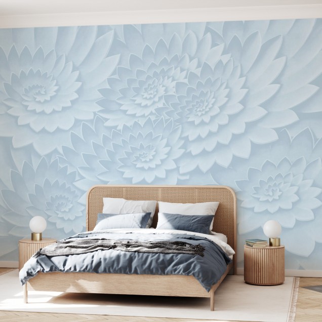 Tapet cu flori albastre delicate pe panza, cu efect 3D