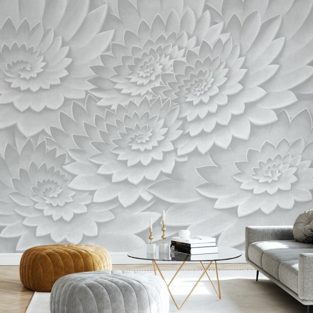 Tapet Flower on Canvas, Grey, cu flori albe pe fond gri