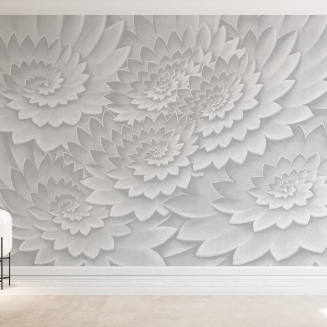 Tapet Flower on Canvas, Grey, cu flori albe pe fond gri
