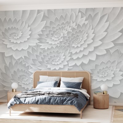 Tapet Flower on Canvas, Grey, cu flori albe pe fond gri