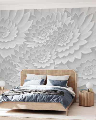 Tapet Flower on Canvas, Grey, cu flori albe pe fond gri
