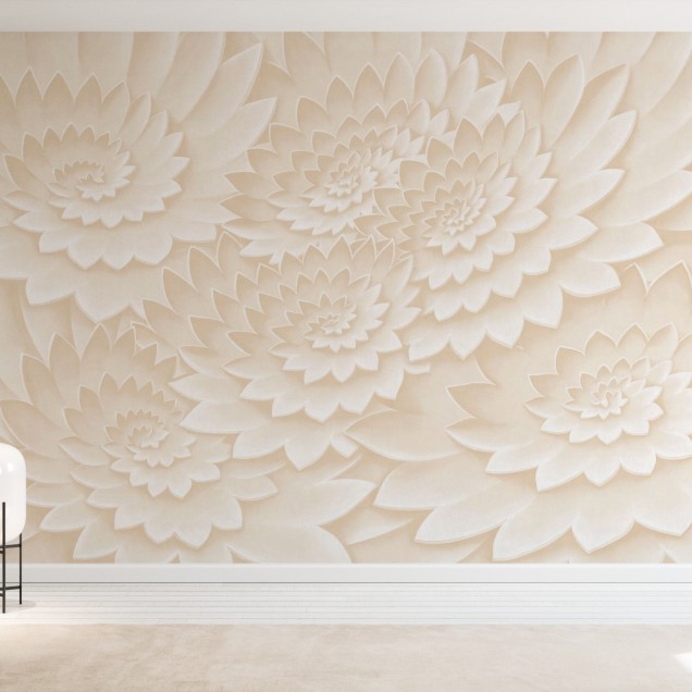 Tapet modern cu flori, Flower on Canvas, Powder Puff, Photowall, în tonuri neutre, cu textura fină, pe un perete din living