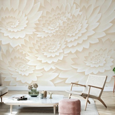 Tapet modern cu flori, Flower on Canvas, Powder Puff, Photowall, în tonuri neutre, cu textura fină, pe un perete din living