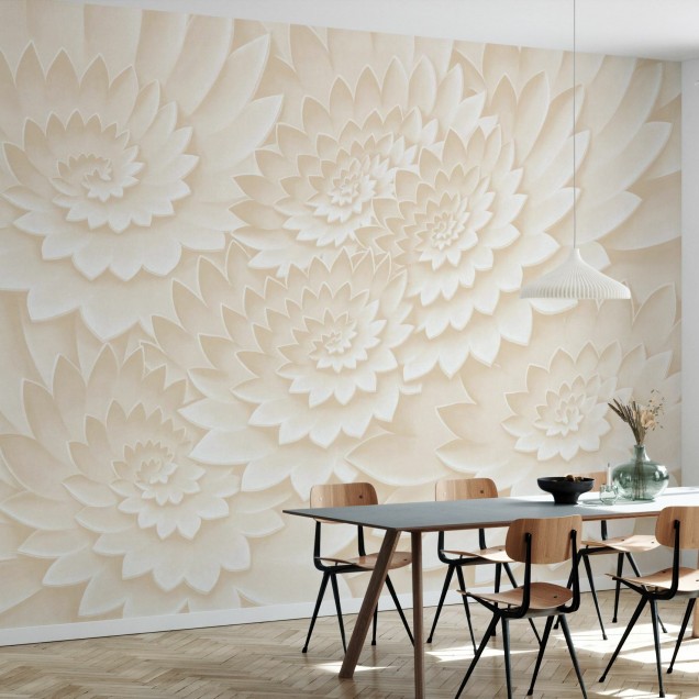 Tapet modern cu flori, Flower on Canvas, Powder Puff, Photowall, în tonuri neutre, cu textura fină, pe un perete din living