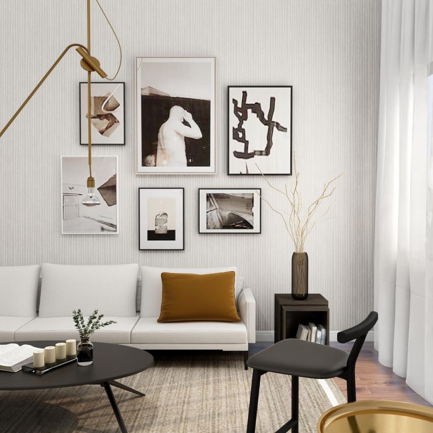 Tapet Lavender Breeze, cu dungi delicate in nuanțe de lavandă, în living