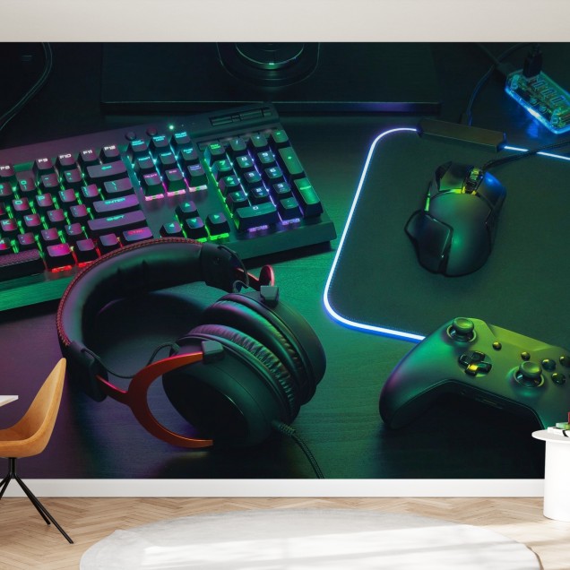 Tapet Gamer Work Space cu tastatură, mouse și cască de gaming.