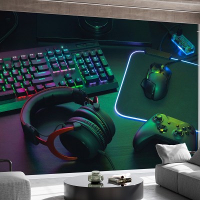 Tapet Gamer Work Space cu tastatură, mouse și cască de gaming.