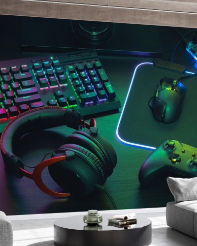 Tapet Gamer Work Space cu tastatură, mouse și cască de gaming.