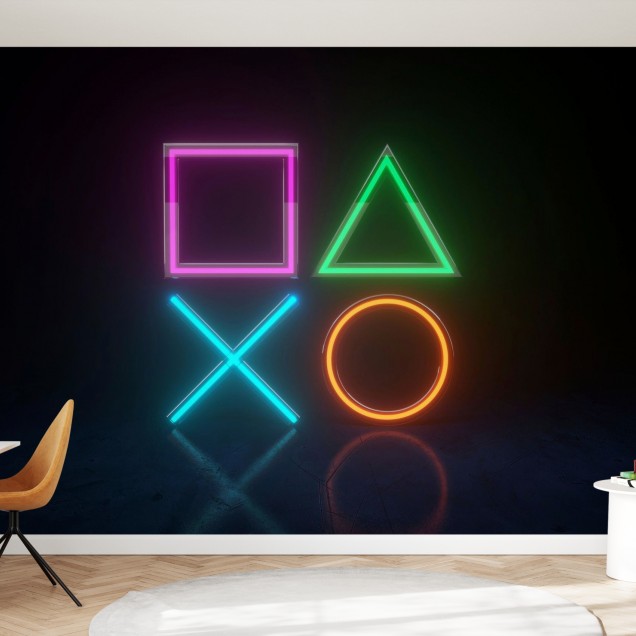 Fototapet Neon Lights Game Symbols, Photowall, cu simbolurile clasice ale jocurilor video, iluminate cu lumini neon vibrante