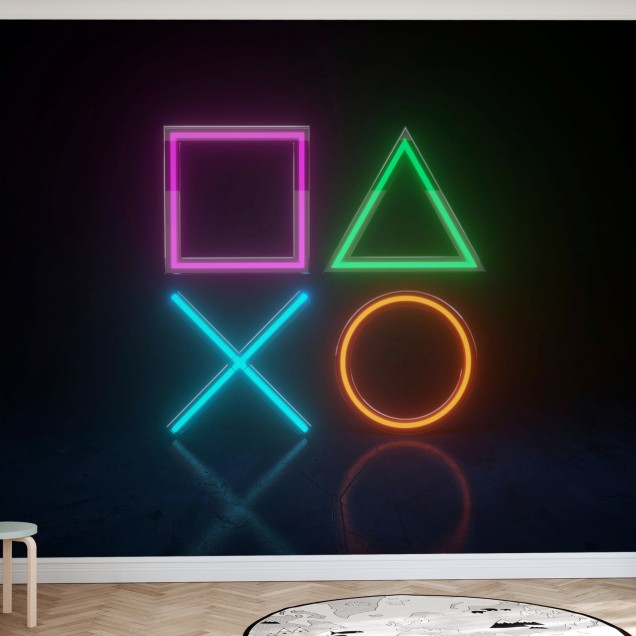 Fototapet Neon Lights Game Symbols, Photowall, cu simbolurile clasice ale jocurilor video, iluminate cu lumini neon vibrante