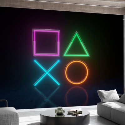 Fototapet Neon Lights Game Symbols, Photowall, cu simbolurile clasice ale jocurilor video, iluminate cu lumini neon vibrante