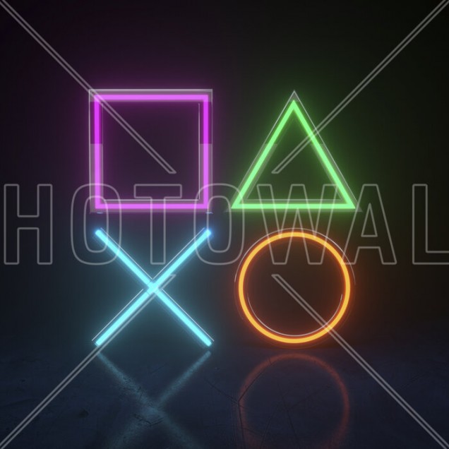 Fototapet Neon Lights Game Symbols, Photowall, cu simbolurile clasice ale jocurilor video, iluminate cu lumini neon vibrante