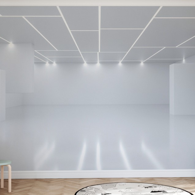 Tapet cu design geometric, ce prezinta un perete intr-o camera de zi, cu canapea, masa si scaune.