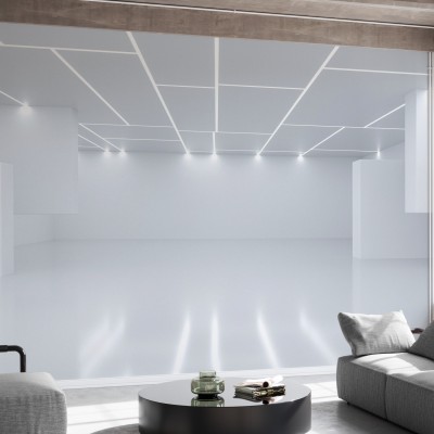 Tapet cu design geometric, ce prezinta un perete intr-o camera de zi, cu canapea, masa si scaune.