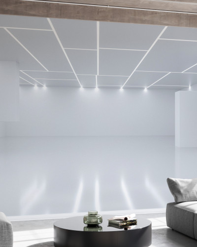Tapet cu design geometric, ce prezinta un perete intr-o camera de zi, cu canapea, masa si scaune.