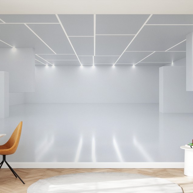 Tapet cu design geometric, ce prezinta un perete intr-o camera de zi, cu canapea, masa si scaune.