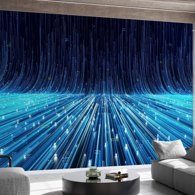 Abstract Flowing Data Ramp wallpaper in a modern living room.