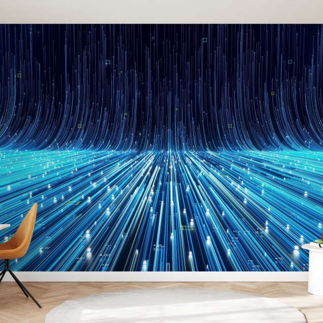 Abstract Flowing Data Ramp wallpaper in a modern living room.