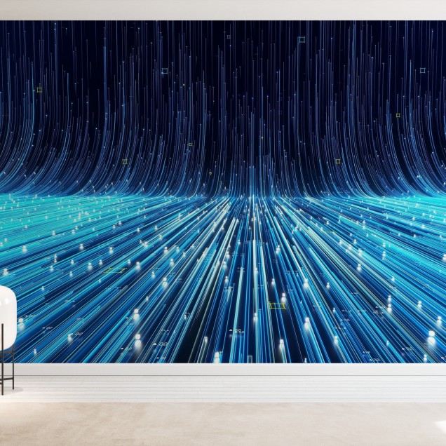 Abstract Flowing Data Ramp wallpaper in a modern living room.