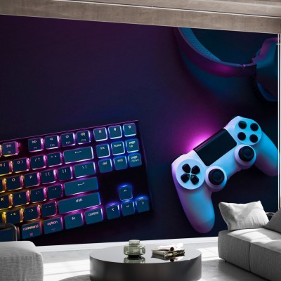 Wallpaper cu o tastatură rgb și un joystick cu o iluminare vibrantă, pe un fundal violet